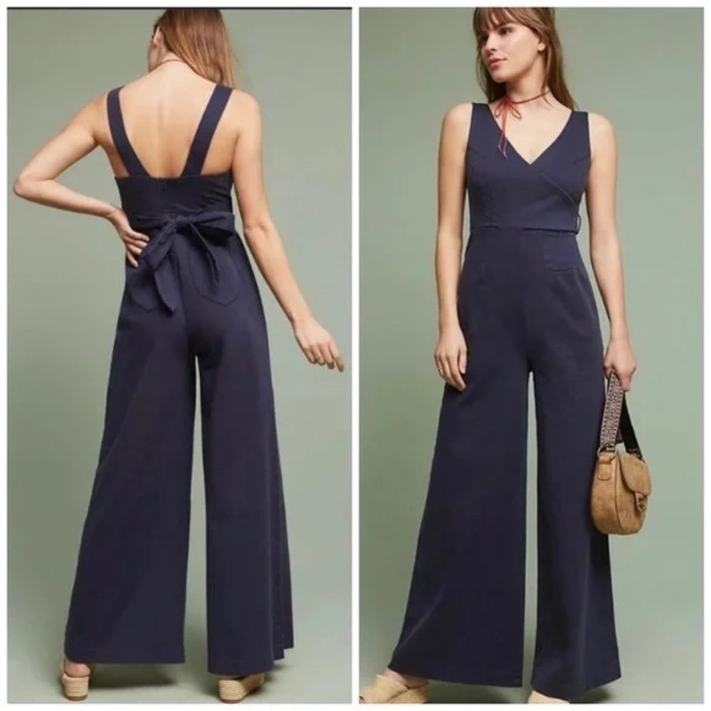 SOLD CHINO BY ANTHROPOLOGIE Navy Sleeveless Wrap Wide Leg Jumpsuit